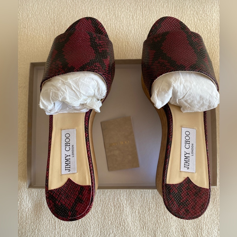 Jimmy Choo Deedee 80 Snakeskin Printed Leather Bordeaux Wedge